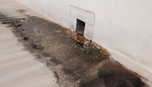 A shallow water pond near a roof box scupper.